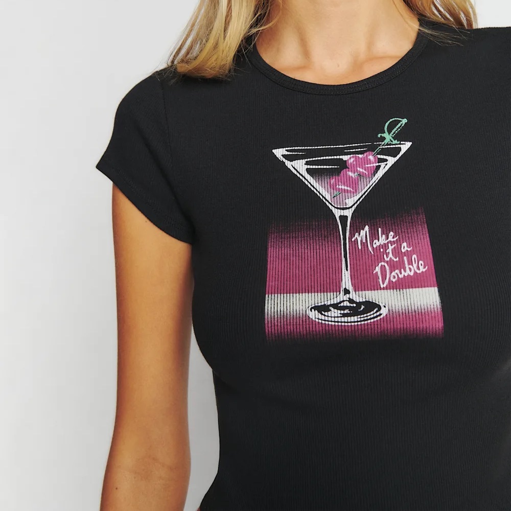 Reformation Black Crop Top with Pink Graphic